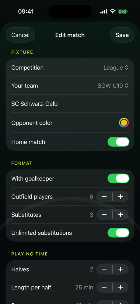 The match form: competition, team, opponent, home match, goalkeeper, outfield players, substitutes, halves