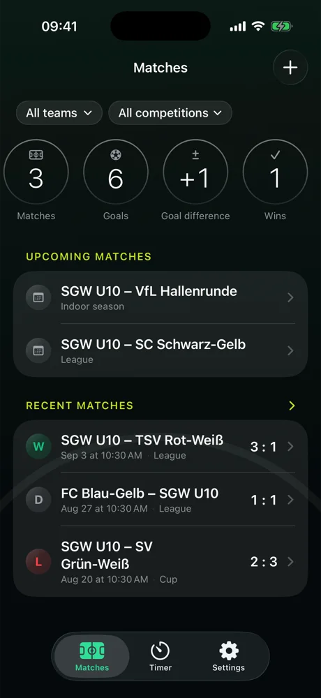 The home screen: filter pills, four stat circles, below them upcoming and recent matches