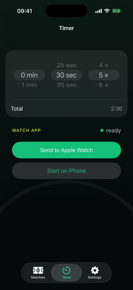 The timer on iPhone: wheels for minutes, seconds and rounds, Send to Apple Watch below