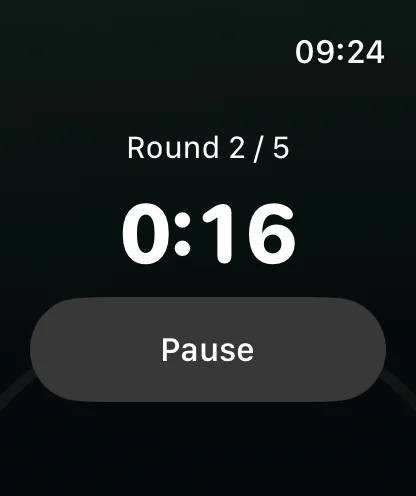 The interval timer on the watch: round 2 of 5, 0:16, Pause below