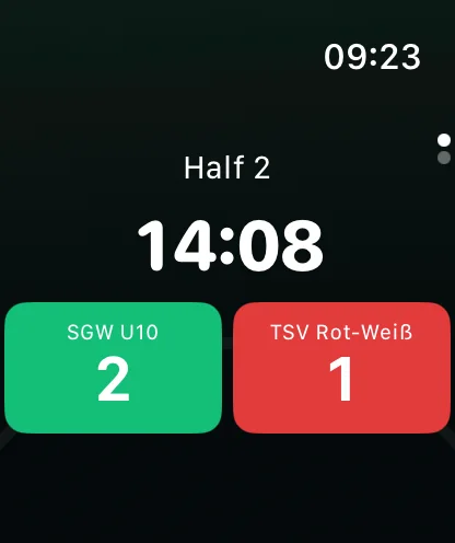 Apple Watch running Coachistant: 2nd half, 14:08 minutes, score 2:1