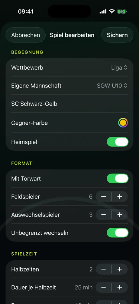 Das Spielformular: Wettbewerb, Mannschaft, Gegner, Heimspiel, Torwart, Feldspieler, Auswechselspieler, Halbzeiten