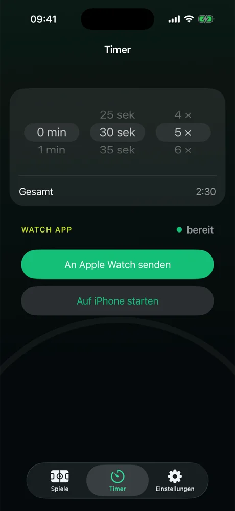 Der Timer am iPhone: Drehräder für Minuten, Sekunden und Runden, darunter An Apple Watch senden