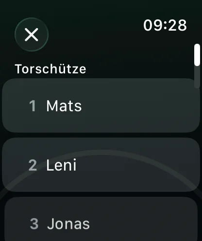 Die Torschützen-Auswahl auf der Uhr: Spieler mit Rückennummern, darunter Eigentor und Später erfassen