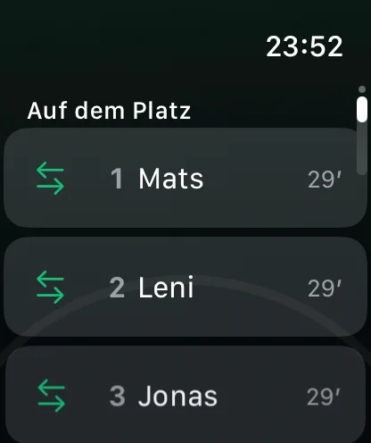 Die Team-Seite auf der Uhr: Spieler auf dem Platz mit Minuten
