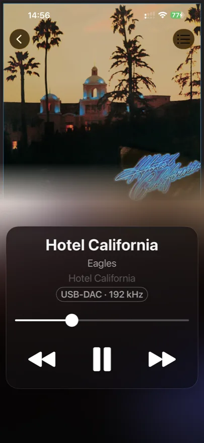 Der Player-Bildschirm von DACmote mit Hotel California von den Eagles und der Kennzeichnung „USB-DAC, 192 kHz“